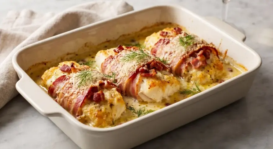 Ugnsbakad torskrygg med bacon, toppad med ost och dill, serveras i en krämig sås. En festlig rätt som passar perfekt till helgen.