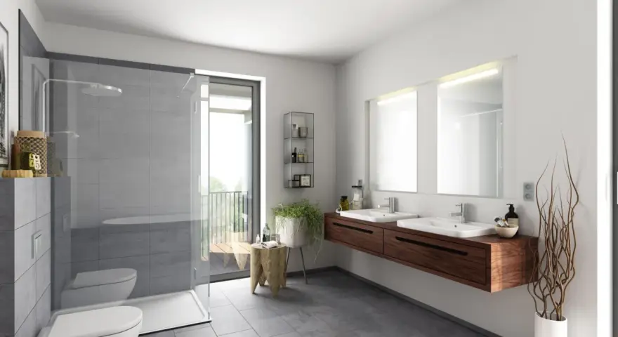 Salle de bain moderne avec douche, double vasque et carrelage gris. Le gris est la couleur la moins salissante pour une salle de bain.