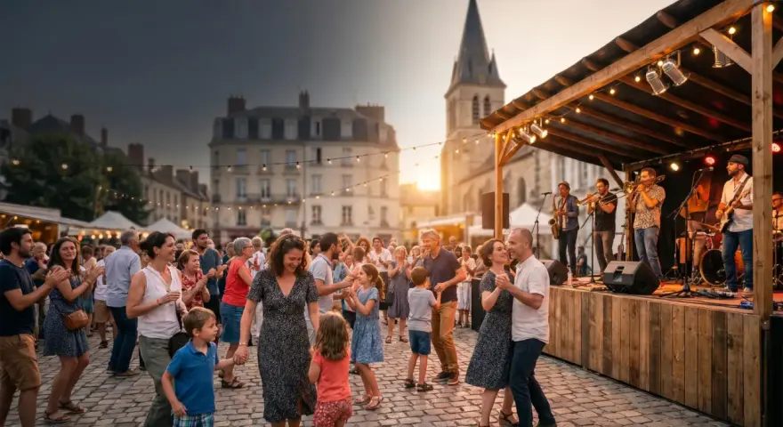 Gente bailando en una plaza adoquinada durante la fiesta de la música en Francia. Una banda toca en un escenario iluminado, con edificios históricos y una iglesia al fondo.
