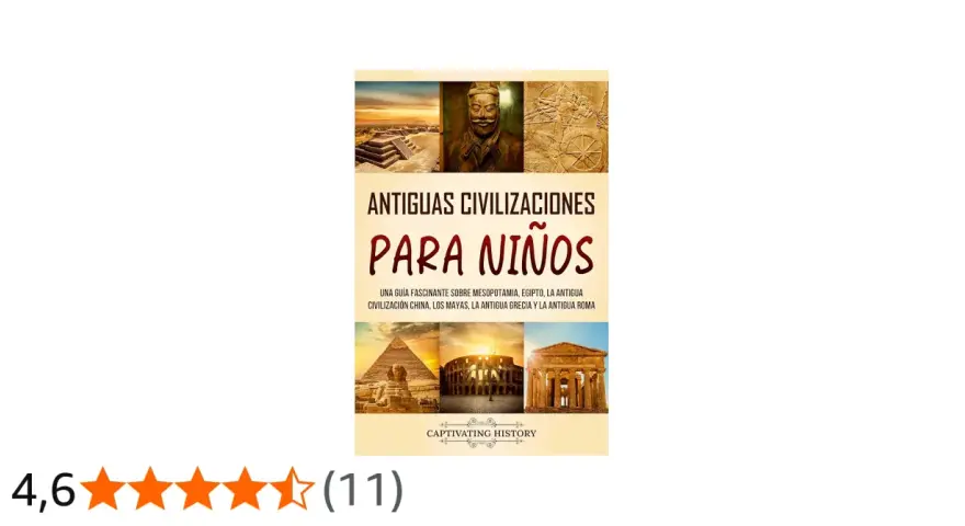Guía de "Antiguas Civilizaciones para Niños" con imágenes de pirámides, guerreros y ruinas. Explora la edad antigua de forma divertida.