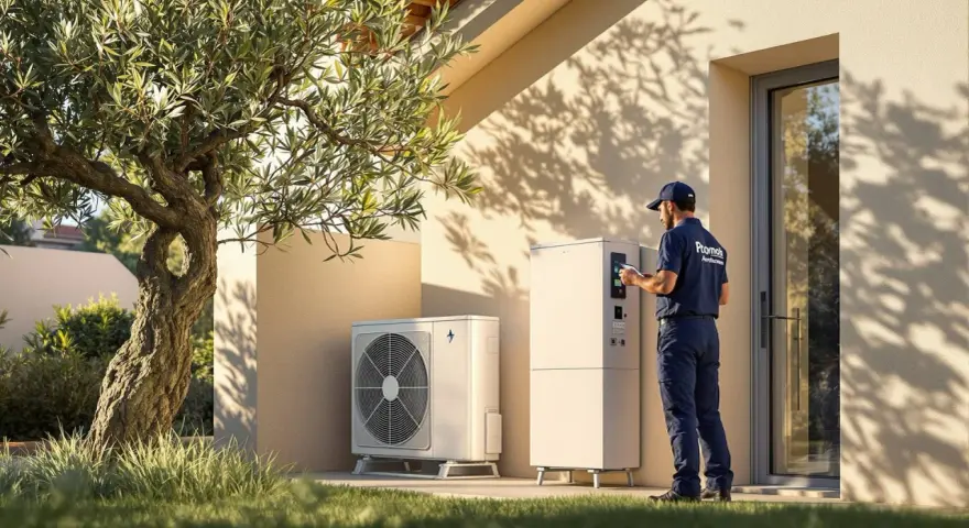 Técnico revisa sistema de aerotermia R290 junto a una casa moderna.