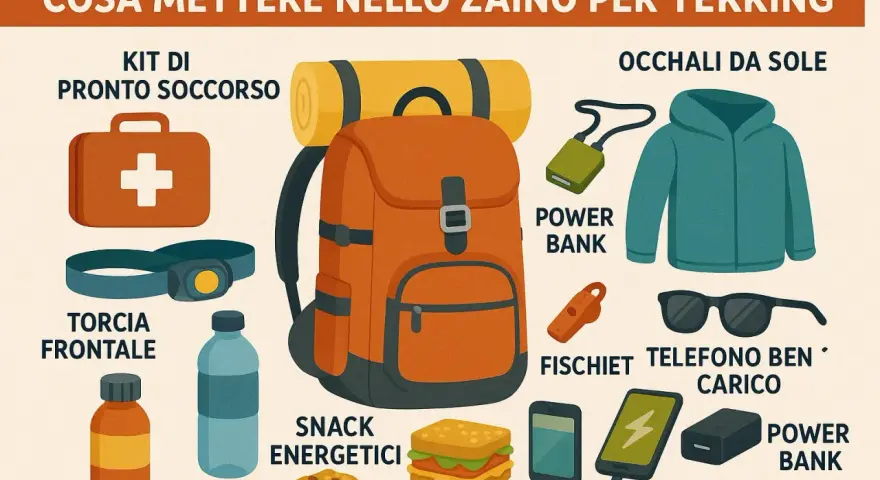 Zaino arancione con attrezzatura per trekking: kit pronto soccorso, torcia, acqua, snack, power bank, fischietto, occhiali da sole, giacca. Utile lista cosa portare in montagna d'estate.