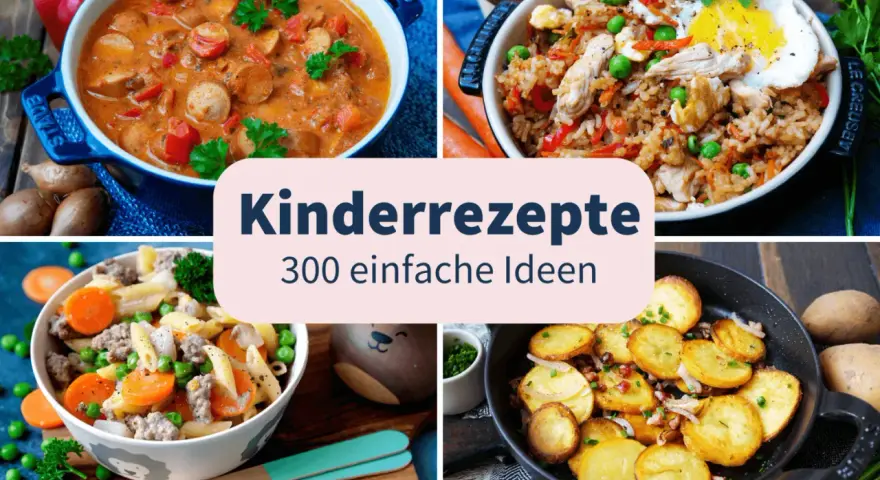 Vier leckere, gesunde Kindergerichte: Gulasch, gebratener Reis, Nudeln mit Hackfleisch und Bratkartoffeln.