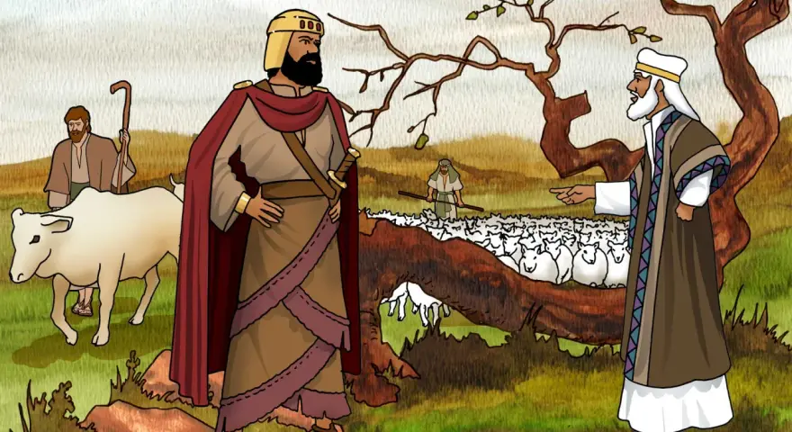 König Saul, der von einem Hirten mit einer Kuh begleitet wird, weist einen Mann an, der eine Schafherde hütet. 1. Samuel 15,3.