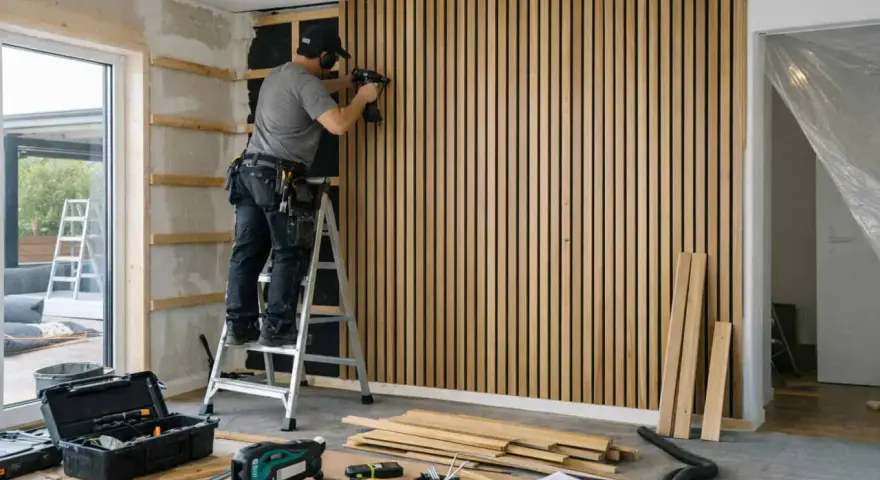 Man på en stege, som använder en spikpistol för att montera akustikpanel på en vägg. Verktyg och material ligger utspridda på golvet.