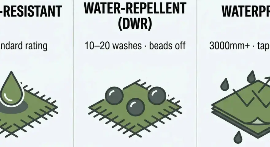 Unterschied wasserdicht und wasserfest: Illustrationen zeigen, wie Wasser abperlt (wasserabweisend) oder durchdringt (wasserfest).