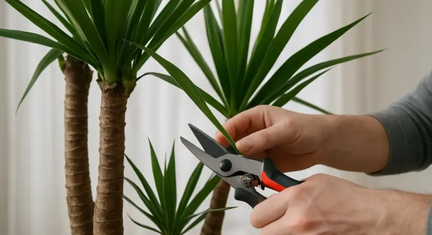 Hände schneiden mit einer Gartenschere ein Blatt einer Yucca Palme.