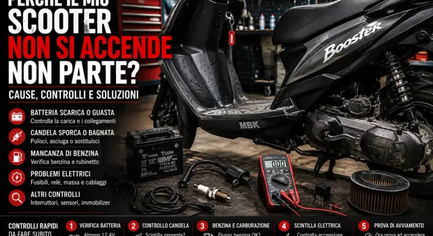 Il mio scooter non parte? Immagine mostra scooter, batteria, candela, multimetro e filtro aria, con testo che elenca cause e soluzioni per il motore che non parte.