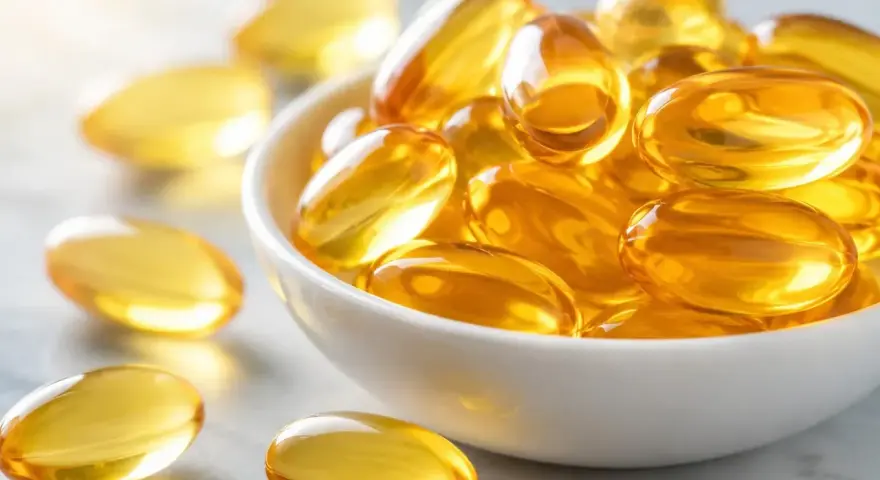 Capsule dorate piene di olio, che ricordano le proprietà omega 3, in una ciotola bianca e sparse sul piano.