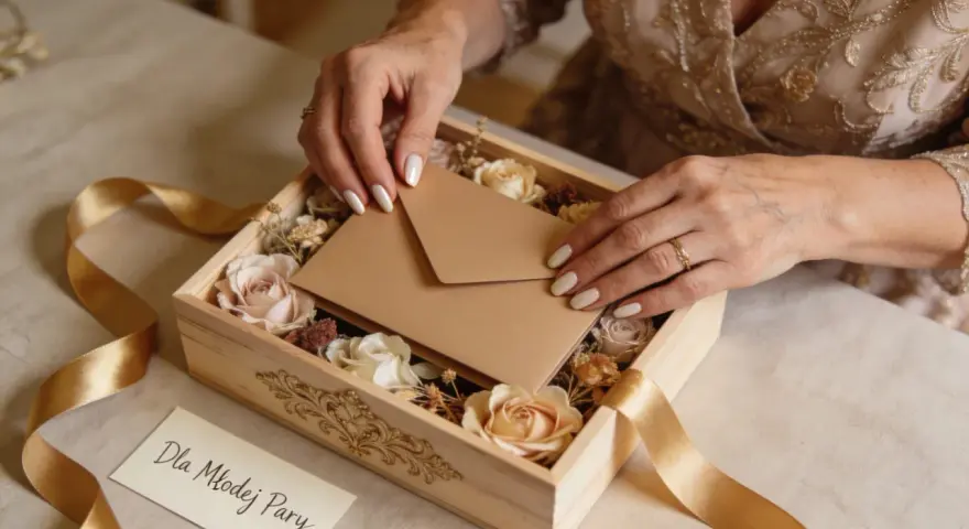Elegancka kobieta wkłada kopertę do pudełka z kwiatami. Zastanawiasz się, ile chrzestni dają na wesele?
