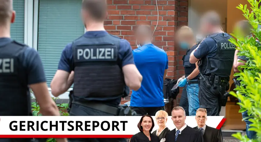 Polizisten bei einem Einsatz, der zu einer scheinbaren Strafe führt. Im Vordergrund Richter und Richterinnen.