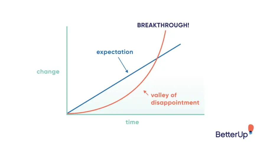 A graph showing how to get over disappointment. Expectation rises linearly, while the reality dips into a "valley of disappointment" before a breakthrough.