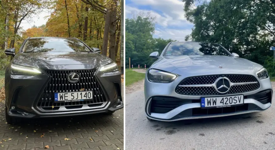 Szary Lexus NX 450h+ obok srebrnego Mercedesa. Jesień i lato w tle.