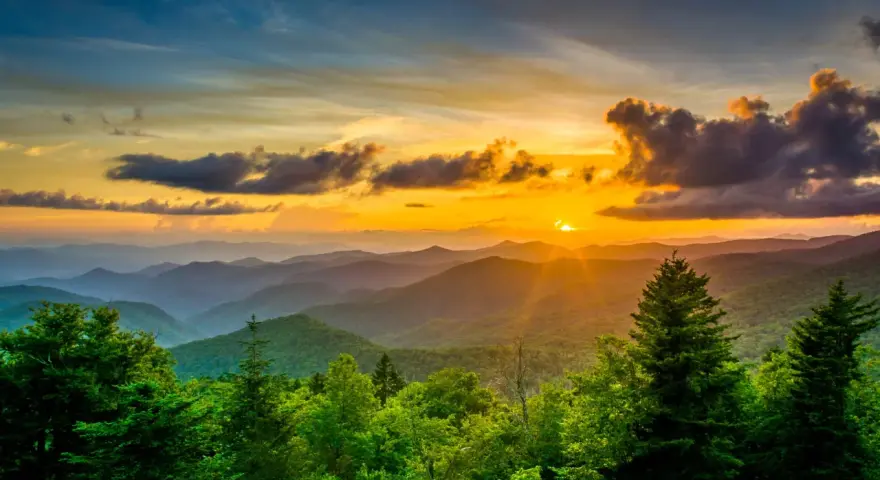 Sunset over rolling blue mountains with lush green trees in the foreground.