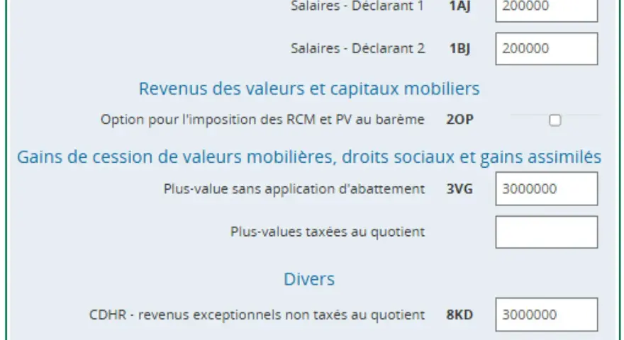 Exemple de revenus exceptionnels : 3000000€ déclarés pour les plus-values sans abattement et 3000000€ pour les revenus exceptionnels non taxés au quotient.