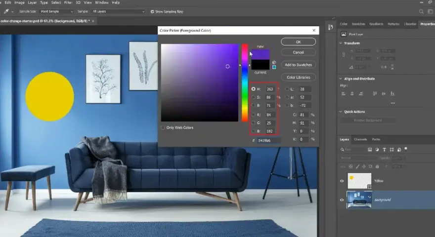 Okno dialogowe "Kolor" w Photoshopie z widocznym wyborem koloru fioletowego i wartościami RGB.