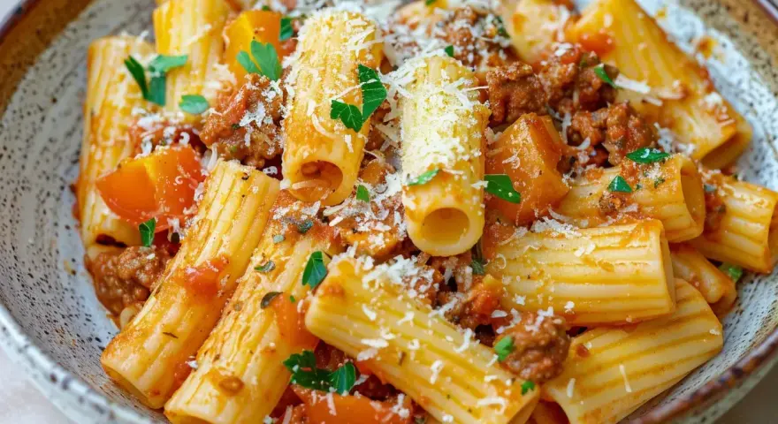 En skål med rigatoni pasta med en mustig köttfärssås och bitar av tomat. Toppad med riven parmesan och färsk persilja. Perfekt vin till salsiccia pasta.