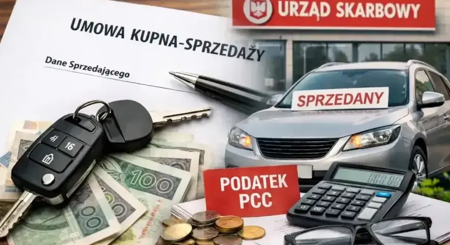Umowa kupna-sprzedaży samochodu, kluczyki, pieniądze i tabliczka "Podatek PCC" przed Urzędem Skarbowym. Rozliczanie podatku od kupna auta online.