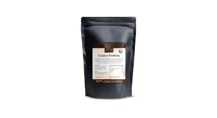 Dunkler Beutel mit "Cuisine-Perfecto" Aufdruck, einem veganen Sahneersatz für die Zubereitung von milchfreier crème glacée.