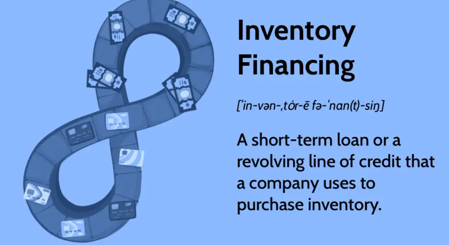 A blue infinity symbol made of blocks, with cash and credit cards on it, illustrates inventory financing.