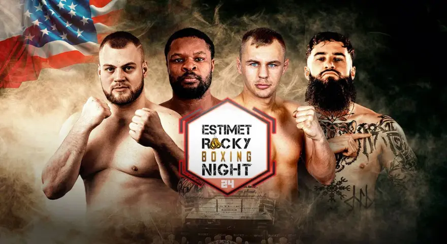 Czterech bokserów gotowych do walki na "Estimet Rocky Boxing Night". W tle amerykańska flaga i dym.