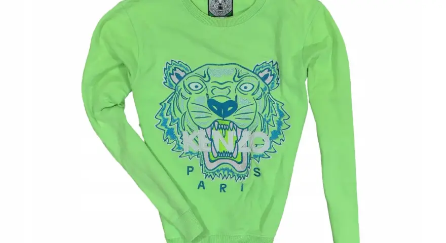Jaskrawozielona bluza Kenzo damska z wyrazistym, niebieskim tygrysem i napisem "PARIS".