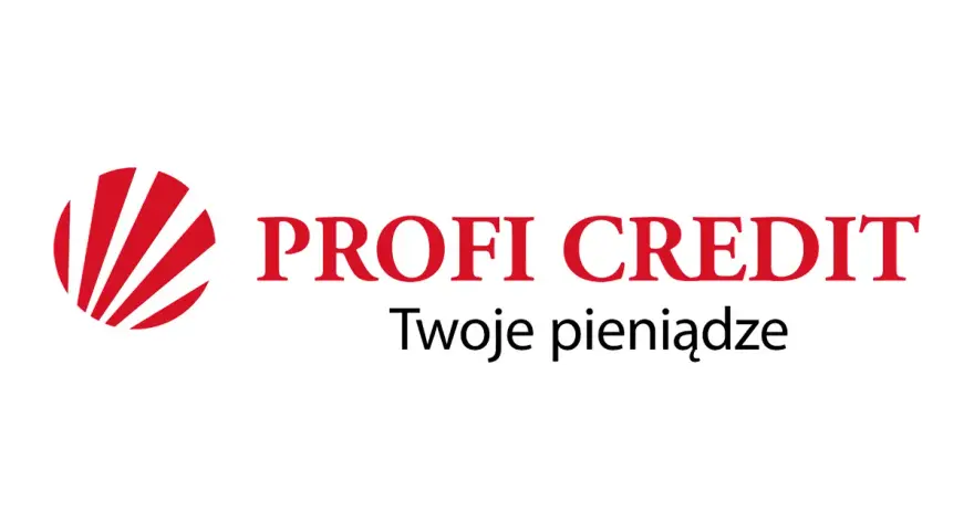 Logo PROFI CREDIT z hasłem "Twoje pieniądze". W tle czerwono-biały symbol.