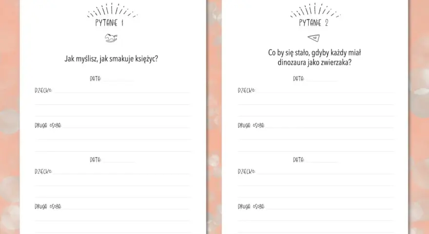 Zestaw pytań do rozmowy: "Jak smakuje księżyc?" i "Co by się stało, gdyby każdy miał dinozaura?". Idealne do wspólnego spędzania czasu.