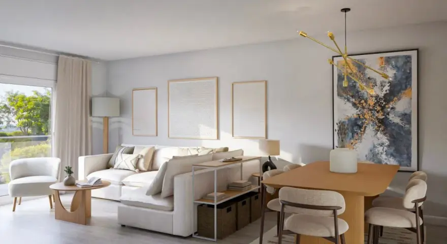 Salón moderno con sofá blanco, mesa de comedor y arte abstracto. Las medidas del salón permiten una distribución cómoda.