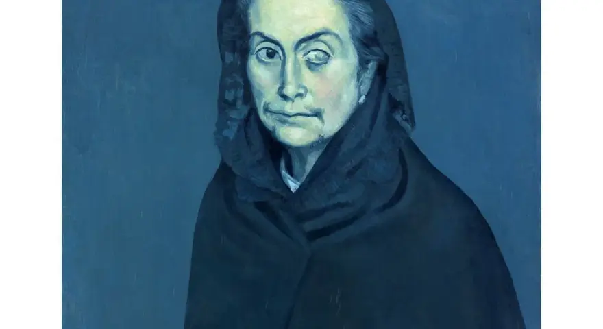 Portrait mélancolique d'une femme voilée, typique de la période bleue de Picasso.