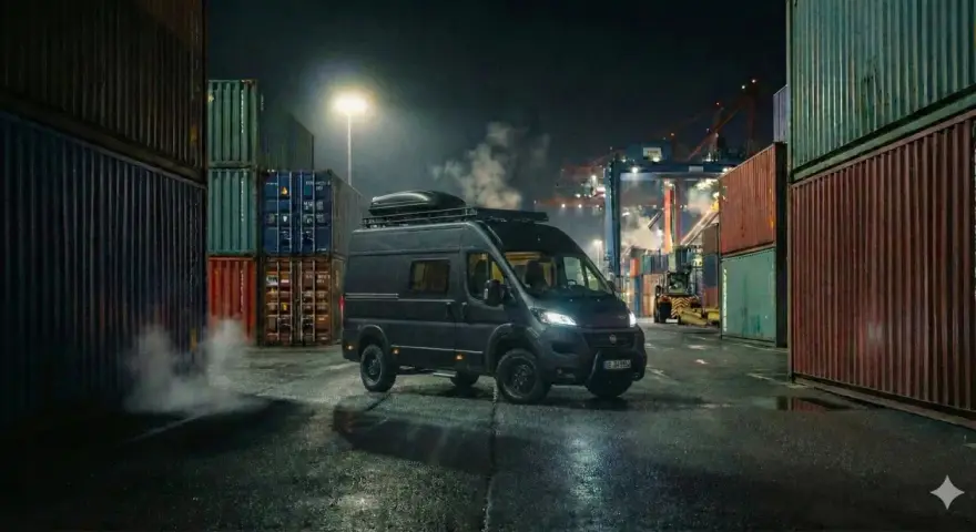 Mörk Fiat Ducato står vid en hamn, omgiven av containrar. Rök stiger från marken, kanske ett tecken på fiat ducato automatlåda problem.