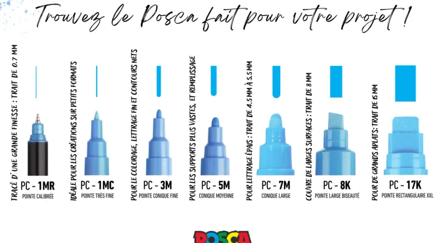 Divers feutres Posca bleus aux pointes variées, du fin au large, pour tous vos projets créatifs. Le vernis fixateur Posca assure la durabilité.