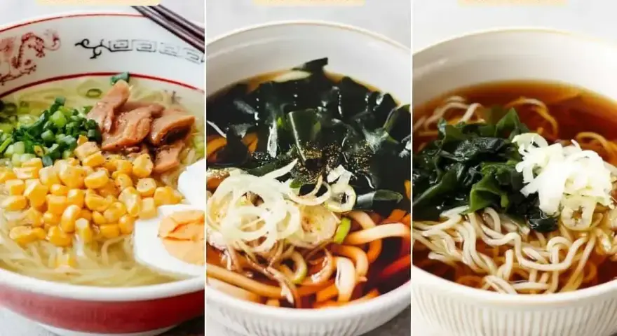 Trzy miski z zupą: ramen z jajkiem i kukurydzą, udon co to jest – z wodorostami i szczypiorkiem, oraz soba z wodorostami.