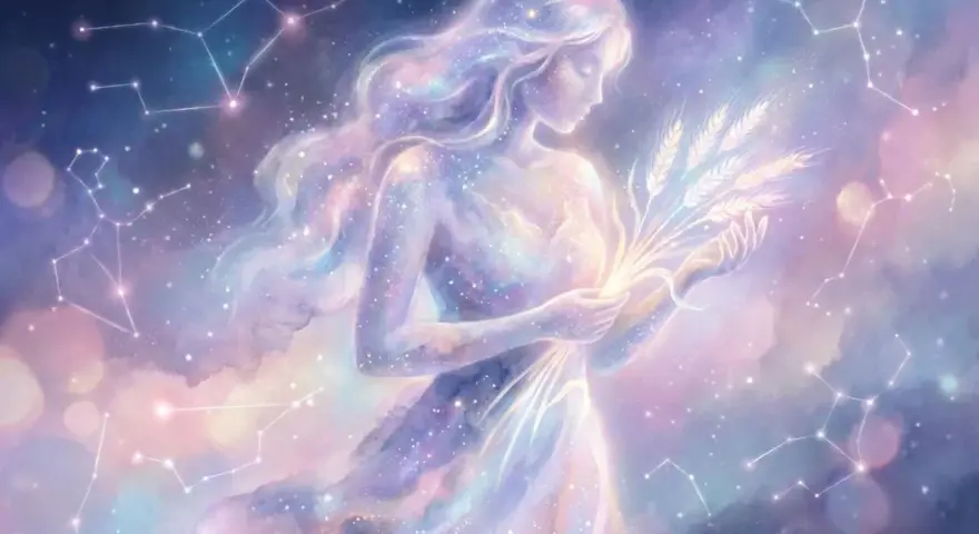 Gwiezdna Panna, symbolizująca horoskop dzienny Panna, trzyma w dłoniach kłosy zbóż. Wokół niej migoczą konstelacje.