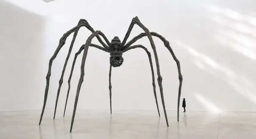 Une araignée monumentale, œuvre d'un artiste contemporain, domine une salle d'exposition. Une silhouette humaine, petite, contemple cette sculpture imposante.