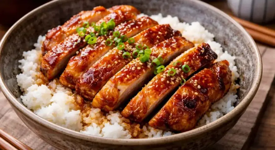 En skål med fluffigt ris toppad med saftig, glaserad teriyaki kyckling, strödd med sesamfrön och grön lök. En utsökt måltid.