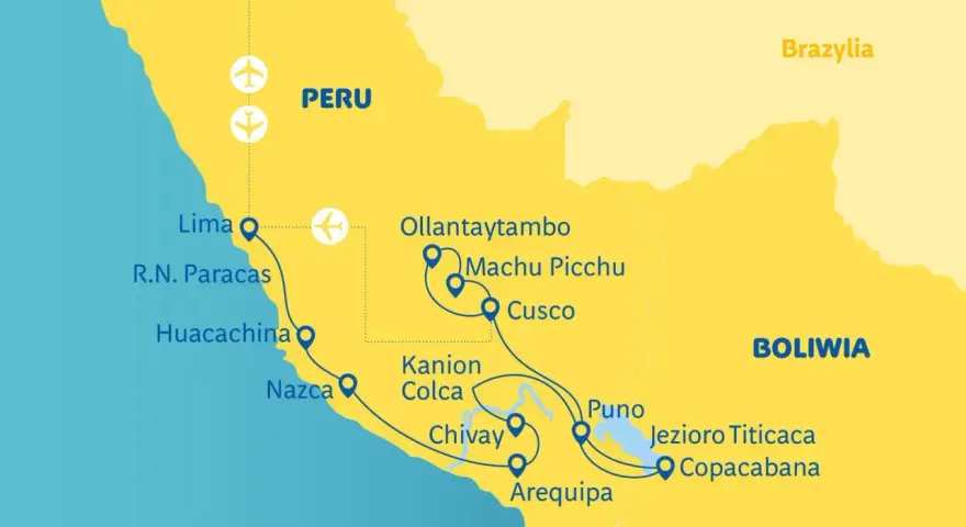 Mapa pokazuje, gdzie jest Peru, z zaznaczonymi miastami: Lima, Cusco, Machu Picchu, Puno i Jezioro Titicaca.