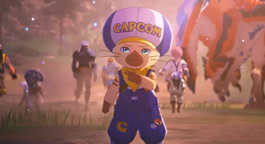 Un personaje felino con gorra de Capcom y overol azul, listo para la aventura en Monster Hunter Stories 3.