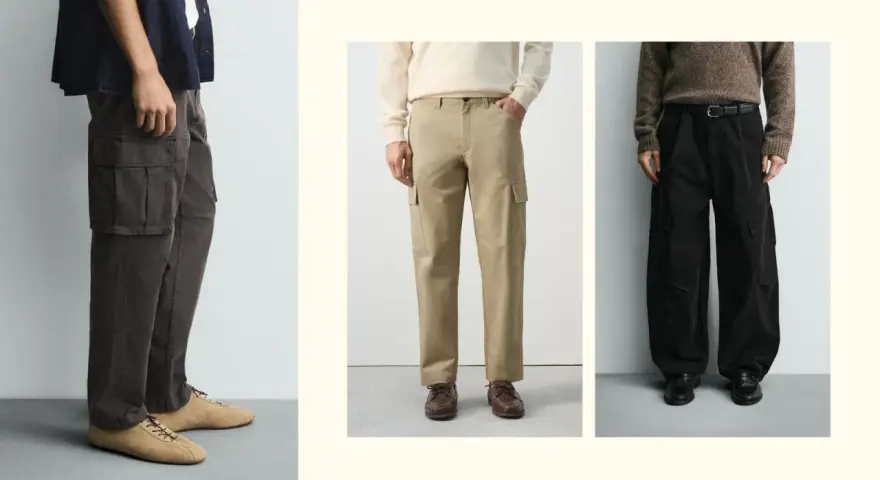 Uomini con pantaloni cargo: praticità e stile. Il loro significato è nella funzionalità, con tasche ampie per ogni esigenza.