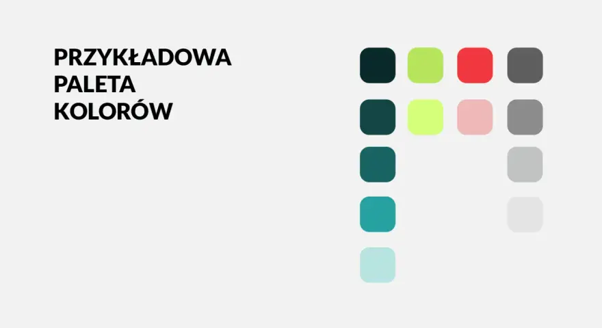 Przykładowa paleta kolorów: ciemna zieleń, limonka, czerwień, szarości, błękit.