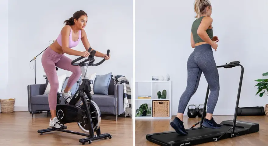 Left: Woman on a stationary bike. Right: Woman running on an incline treadmill.