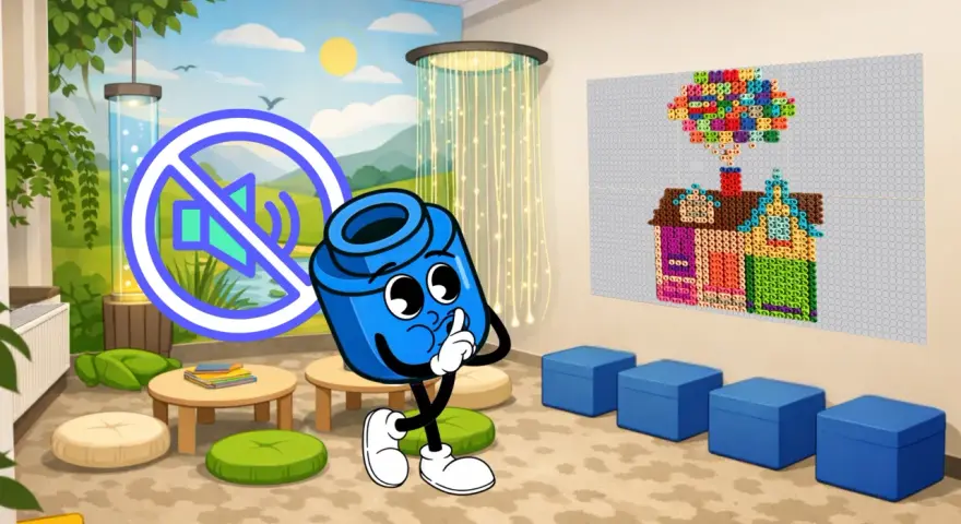 Postać z klocka uczy regulacji emocji u dzieci, pokazując znak ciszy. W tle mural z naturą i domkiem z koralików.