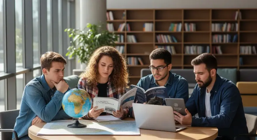 Studenci przy okrągłym stole z globusem i mapami. Zastanawiają się, jakie studia po maturze z geografii wybrać, analizując materiały.