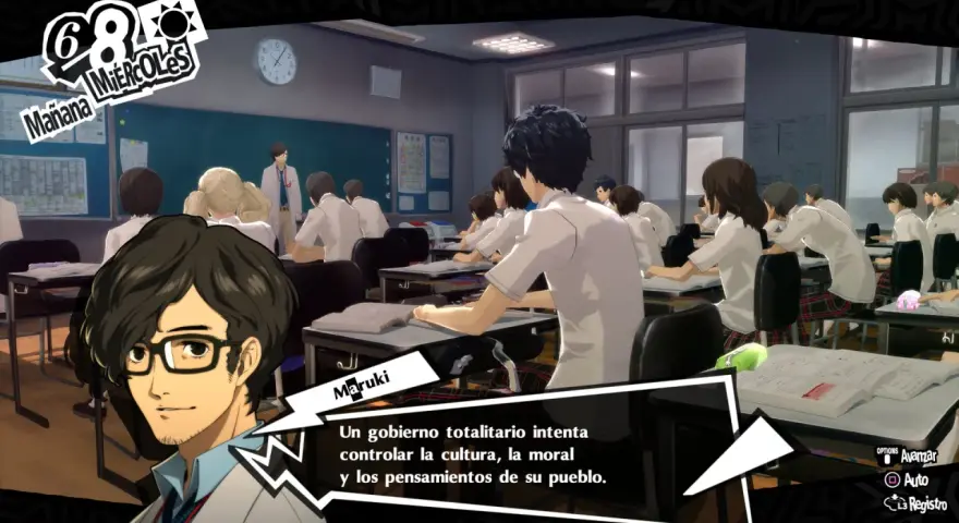 En clase de Persona 5 Royal, Maruki habla sobre gobiernos totalitarios.