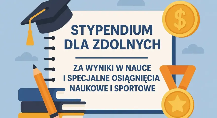 Stypendium w szkole podstawowej dla zdolnych uczniów za wyniki w nauce i osiągnięcia. Dyplom, biret, ołówek, książki, medale i moneta z dolarem.