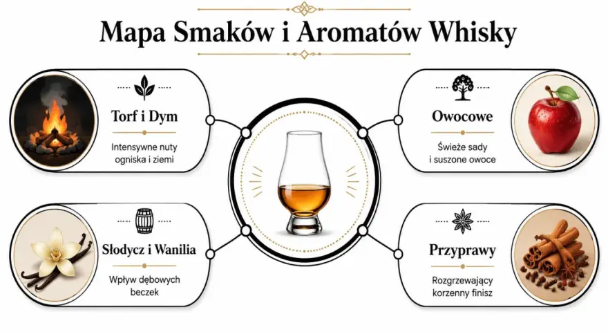 Mapa smaków whisky: torf i dym, słodycz i wanilia, owocowe, przyprawy. Odkryj, jak smakuje whisky, od nut dymnych po korzenne.
