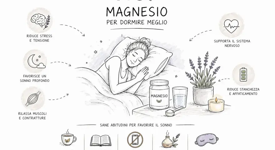 Donna dorme serenamente, circondata da elementi che promuovono il rilassamento muscolare profondo e un sonno ristoratore.