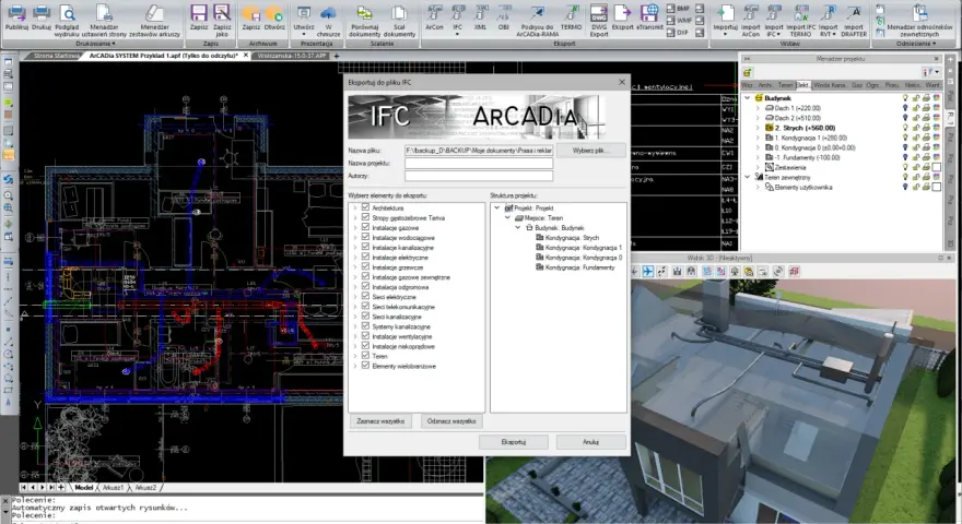 Widok 3D z programu RVT viewer, pokazujący model budynku z instalacjami.