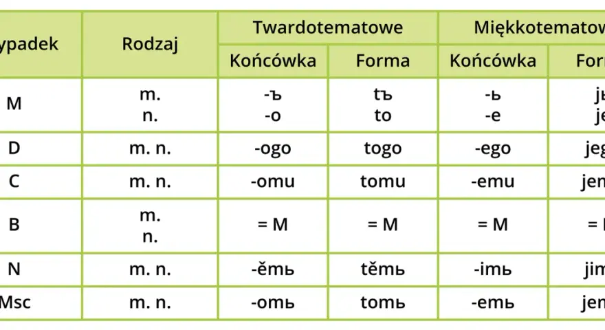 Tabela odmiany rzeczowników: przypadki, rodzaje, końcówki i formy dla twardo- i miękkotematowych. Jaki to rodzaj gramatyczny?