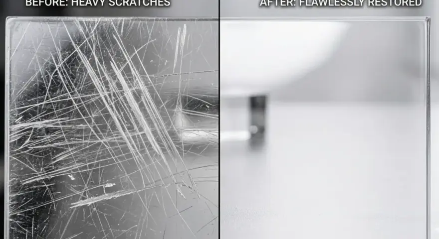 Before: heavily scratched polycarbonate. After: flawlessly restored. This shows that polycarbonate does scratch easily, but can be repaired.